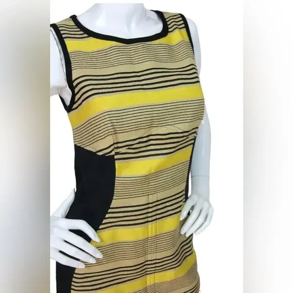 EUC Sea New York Women Black yellow tan striped shift linen dress 4 - Picture 3 of 7